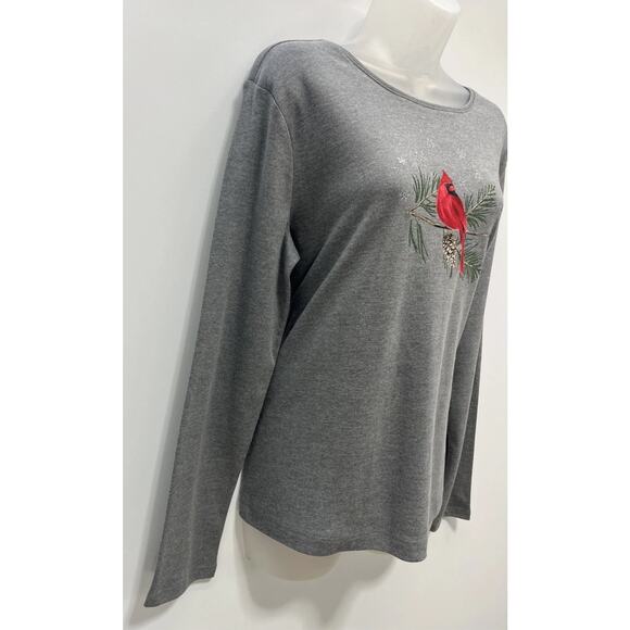 Croft & Barrow Classic Tee Holiday T-Shirt Tee Gray w Cardinal Bird Medium - Picture 4 of 7